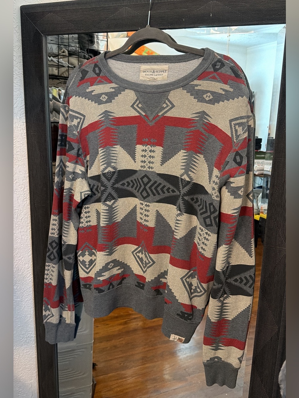 Denim & Supply Ralph Lauren Grey, Red & Black Geometric Crewneck Sweater